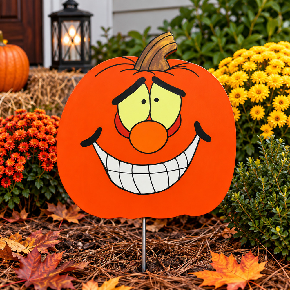 Hand Painted Wooden Pumpkin Yard Stake Halloween Fall Outdoor Decor Handmade